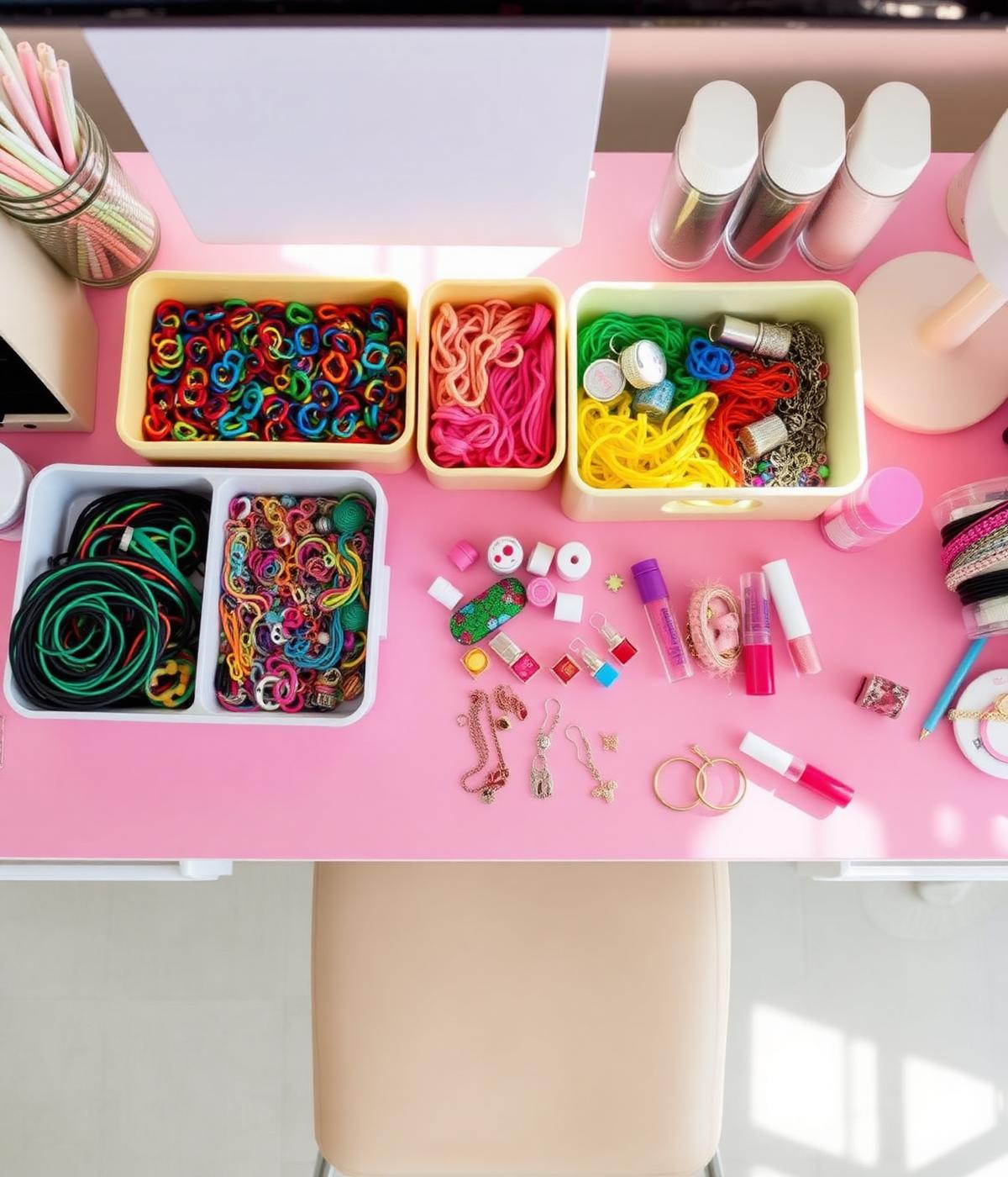 Star Charmerz craft desk with rainbow beads, charms, glitter and handmade bracelets